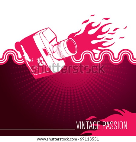 Designed stylized banner with old camera. Vector illustration.