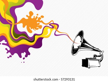 Designed stylized banner with old gramophone. Vector illustration.