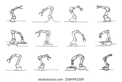 Designed in a trendy outline style of mechanical robot. Decorative element with a continuous line pattern isolated on a white background, positioned by robotic arms or industrial manipulator.