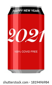 Designed vector logo of the Happy new year 2021 symbols free of the COVID-19 epidemic with red can and the hope of receiving a new year 2021 free of Coronavirus. Finish covid pandemic in 2021. 