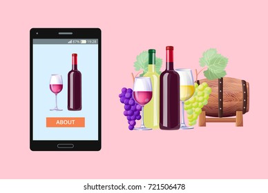 Designed web content shown on phone concerning event in france, bottle of wine, glass and barrel and ripe grapes vector illustration