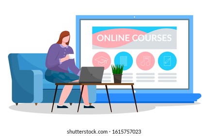 Designed website about online courses. Woman sit on sofa and work on computer. Distance learning using electronic devices and internet. Opened laptop with web page. Vector illustration in flat style