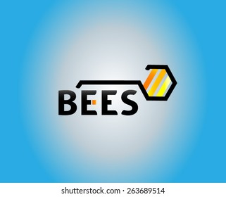 Designed word bees with honey symbol on blue background