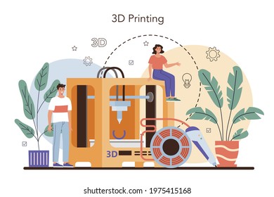 Designer 3D concept. Digital drawing with electronic tools and equipment. 3D printer equipment and engineering. Modern prototyping and construction. Isolated vector illustration