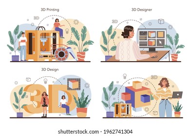 Designer 3D concept set. Digital drawing with electronic tools and equipment.