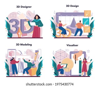 Designer 3D concept set. Digital drawing with electronic tools and equipment. 3D printer engineering, modern prototyping and construction. Flat vector illustration