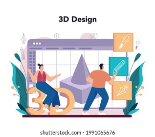 Designer 3D concept set. Digital drawing with electronic tools and equipment. 3D printer engineering, modern prototyping and construction. Flat vector illustration