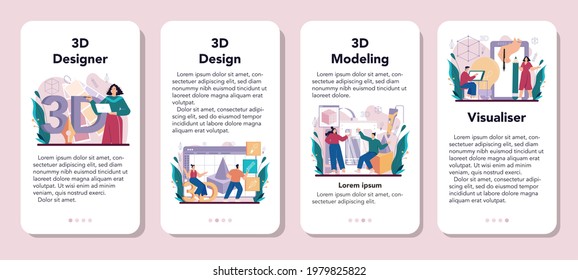 Designer 3D mobile application banner set. Digital drawing with electronic tools and equipment. 3D printer engineering, modern prototyping and construction. Flat vector illustration