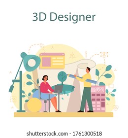 Designer 3D modeling concept. Digital drawing with electronic tools and equipment. Creativity concept. Flat illustration vector