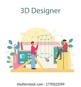 Designer 3D modeling concept. Digital drawing with electronic tools and equipment. Creativity concept. Flat illustration vector