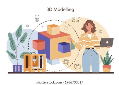 Designer 3D modeling concept. Digital drawing with electronic tools and equipment. 3D printer equipment and engineering. Modern prototyping and construction. Isolated vector illustration