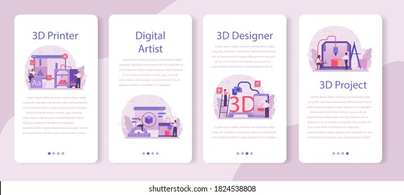 Designer 3D modeling mobile application banner set. Digital drawing with electronic tools and equipment. 3D printer equipment and engineering. Isolated vector illustration