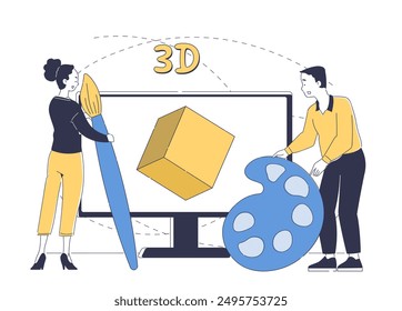 Equipe de modélisation 3D de Designer. Homme et femme avec brosse près de l'écran d'ordinateur avec cube. Les pigistes travaillent à un projet commun. Rendu et modélisation. Illustration vectorielle  linéaire isolée sur fond blanc