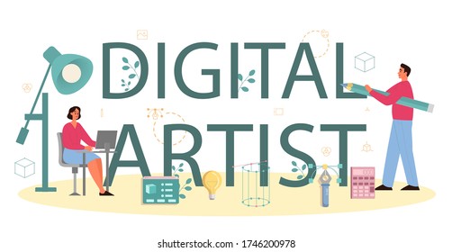 Designer 3D modeling typographic header concept. Digital drawing with electronic tools and equipment. Creativity concept. Flat illustration vector