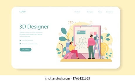 Designer 3D modeling web banner or landing page. Digital drawing with electronic tools and equipment. Creativity concept. Flat illustration vector