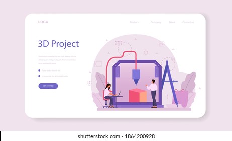 Designer 3D modeling web banner or landing page. Digital drawing with electronic tools and equipment. 3D printer equipment and engineering. Isolated vector illustration