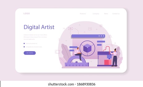 Designer 3D modeling web banner or landing page. Digital drawing with electronic tools and equipment. 3D printer equipment and engineering. Isolated vector illustration