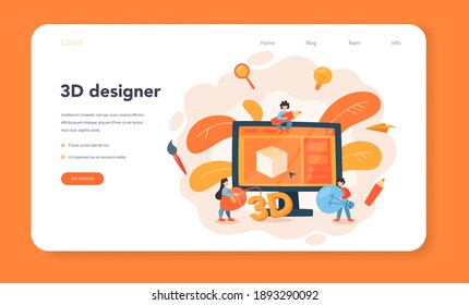 Designer 3D modeling web banner or landing page. Digital drawing with electronic tools and equipment. Creativity concept. Flat illustration vector