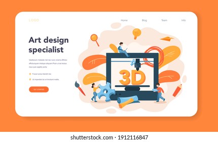 Designer 3D modeling web banner or landing page. Digital drawing with electronic tools and equipment. Creativity concept. Flat illustration vector