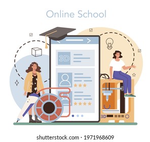 Designer 3D online service or platform. Digital drawing with electronic tools and equipment. 3D printer engineering. Online school. Flat vector illustration
