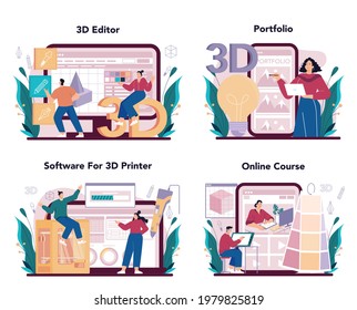 Designer 3D online service or platform set. Digital drawing. 3D printer engineering, modern prototyping and construction. Online editor, portfolio, software, course. Flat vector illustration