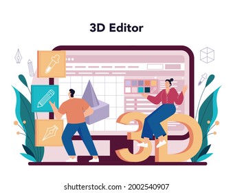 Designer 3D online service or platform. Digital drawing. 3D printer engineering, modern prototyping and construction. Online editor. Flat vector illustration