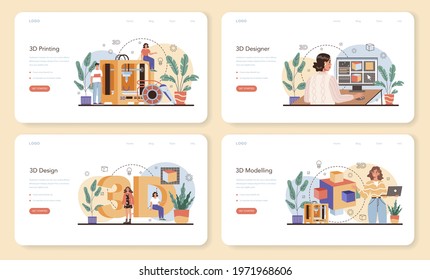 Designer 3D web banner or landing page set. Digital drawing with electronic tools and equipment. 3D printer equipment and engineering. Modern prototyping and construction. Isolated vector illustration