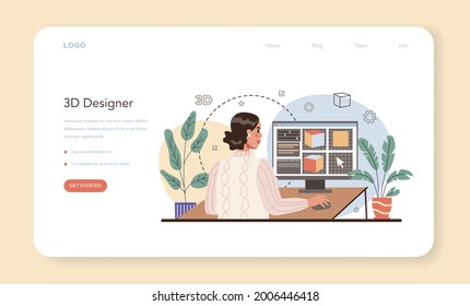 Designer 3D web banner or landing page. Digital drawing with electronic tools and equipment. 3D printer equipment and engineering. Modern prototyping and construction. Isolated vector illustration