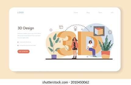 Designer 3D web banner or landing page. Digital drawing with electronic tools and equipment. 3D printer equipment and engineering. Modern prototyping and construction. Isolated vector illustration