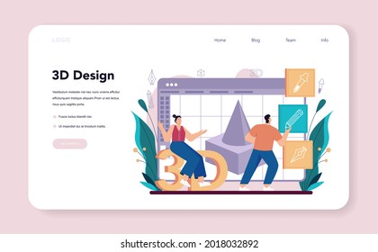 Designer 3D web banner or landing page. Digital drawing with electronic tools and equipment. 3D printer engineering, modern prototyping and construction. Flat vector illustration