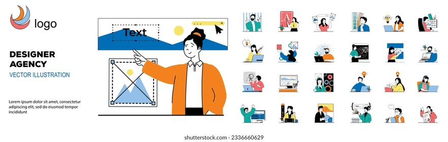 Designer agency concept with character situations mega set. Bundle of scenes people creating art projects and branding, making logos, selecting colors palette. Vector illustrations in flat web design