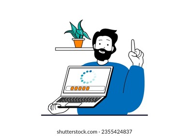 Designer agency concept with people scene in flat web design. Man working as developers, doing tasks at laptop and generates ideas. Vector illustration for social media banner, marketing material.
