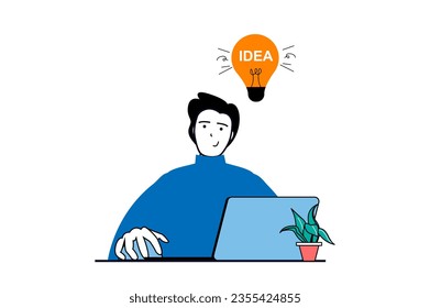 Designer agency concept with people scene in flat web design. Man brainstorming and finding solutions and innovations, generates ideas. Vector illustration for social media banner, marketing material.