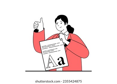 Designer agency concept with people scene in flat web design. Woman creating digital project, programming and working with typeface. Vector illustration for social media banner, marketing material.