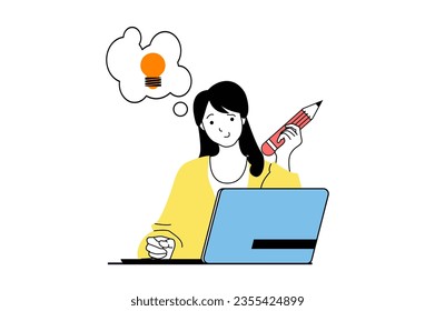 Designer agency concept with people scene in flat web design. Woman brainstorming and working with drawing tools at laptop for project. Vector illustration for social media banner, marketing material.
