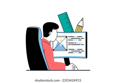 Designer agency concept with people scene in flat web design. Man works with drawing tools at computer and placing image at homepage. Vector illustration for social media banner, marketing material.