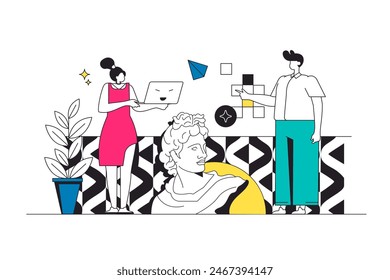 Designer agency outline web concept in modern flat line design. Creative team brainstorming and generating trendy visualization ideas for projects and creating digital content. Vector illustration