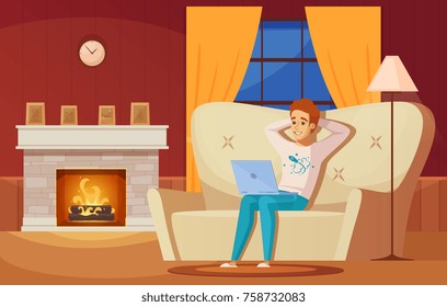 Designer artist composition with laptop sofa and fireplace flat vector illustration 