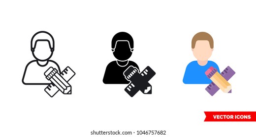 Designer artist painter icon of 3 types: color, black and white, outline. Isolated vector sign symbol.