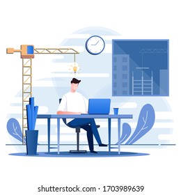 Designer Artist Working at home, coworking space, Architect working Overtime,  concept illustration. , freelancers working on laptops and computers at home.  Work idea, Vector flat style illustration.
