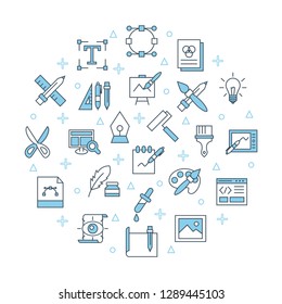 Designer banner. For drawing mobile app icons set, creative idea, creation process, digital art and graphic design round poster concept elements template with tools. Thin line web symbols outline flat