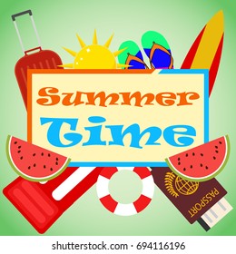 Designer banner the time of summer. Logo of the summer banner with an inflatable mattress, a watermelon, a surfboard, a passport and a life ring. Flat design, vector illustration, vector.