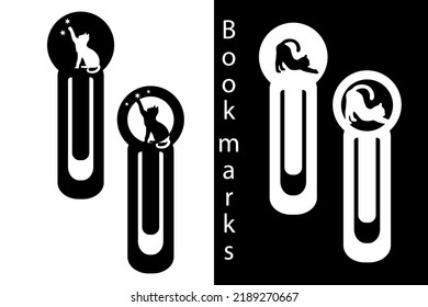 A designer bookmark with a carved cat silhouette. Office tools. Paper cut. Laser cutting.