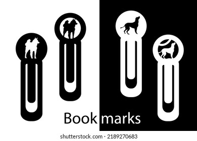 A designer bookmark with a carved dog silhouette. Office tools. Paper cut. Laser cutting.