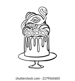 Designer cake with marshmallows, flowers and flamingos vector graphics with tiled doodle lines. Black and white hand drawn cartoon style beautiful cake with drops of icing.