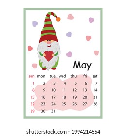 Designer calendar 2022 with characters cute dwarves, month of May, color vector illustration in cartoon style