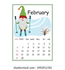 Designer calendar for 2022 February, cute character gnome skiing, cartoon style
