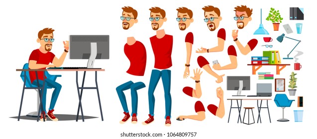 Designer Cartoon Worker Character Vector. Working On Pc Male. Office Designer Animation. Creative Studio. Animation Set. Bearded Salesman, Designer. Face Emotions, Expressions.  Illustration
