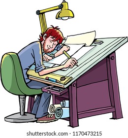 Designer, cartoonist, artist is sleeping at work