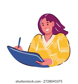 Diseñador de dibujo de personajes en tableta digital con lápiz. Diseñador creativo ilustrando ideas, líneas suaves, dispositivo de pantalla, flujo de trabajo digital, proceso visual, Ilustración vectorial de dibujos animados.